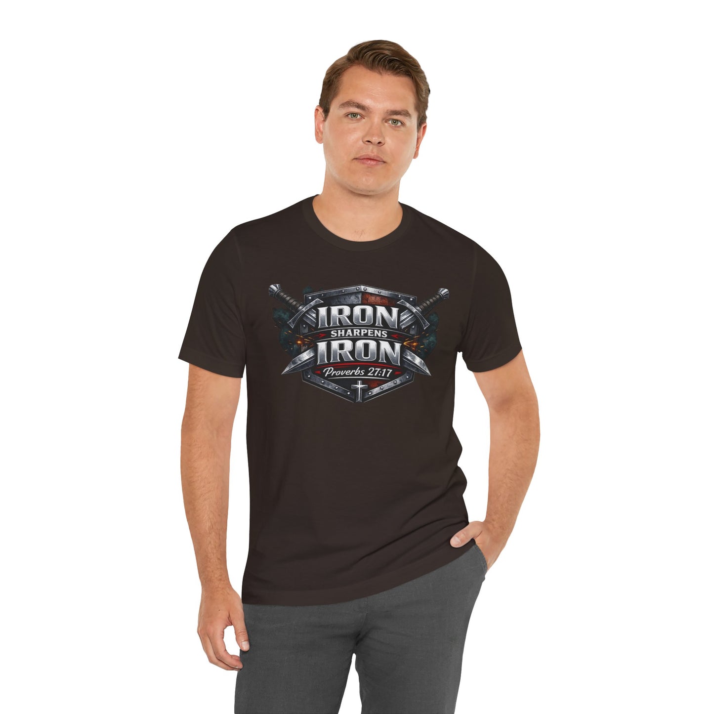 Iron Sharpens Iron T-Shirt — Faith-Based Proverbs 27:17 Graphic Tee