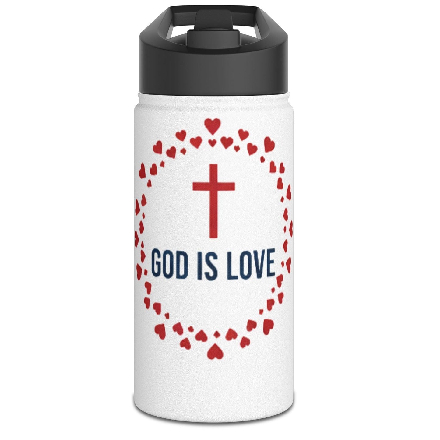 God Is Love Stainless Steel Water Bottle — Christian Cross Heart Design