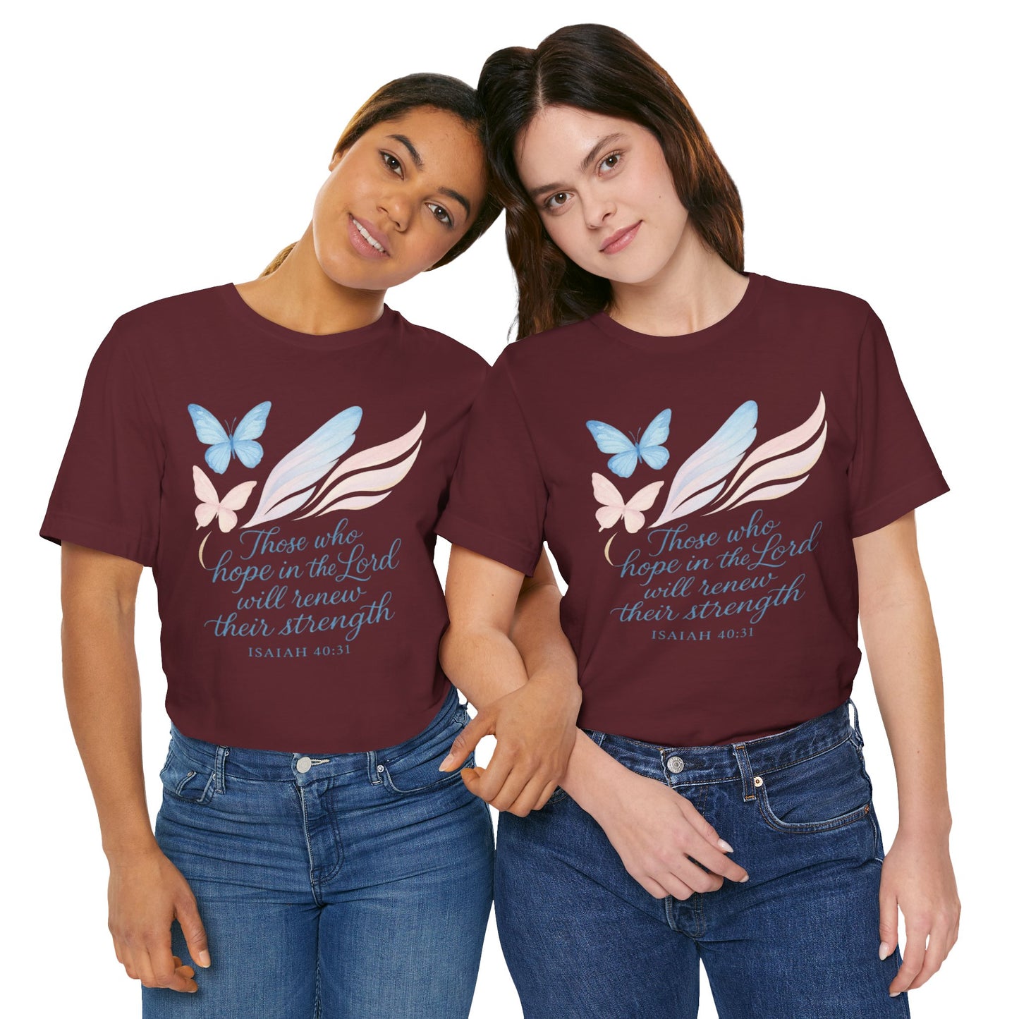 Inspirational Scripture T-Shirt – "Those Who Hope in the Lord" Isaiah 40:31, Pastel Butterflies