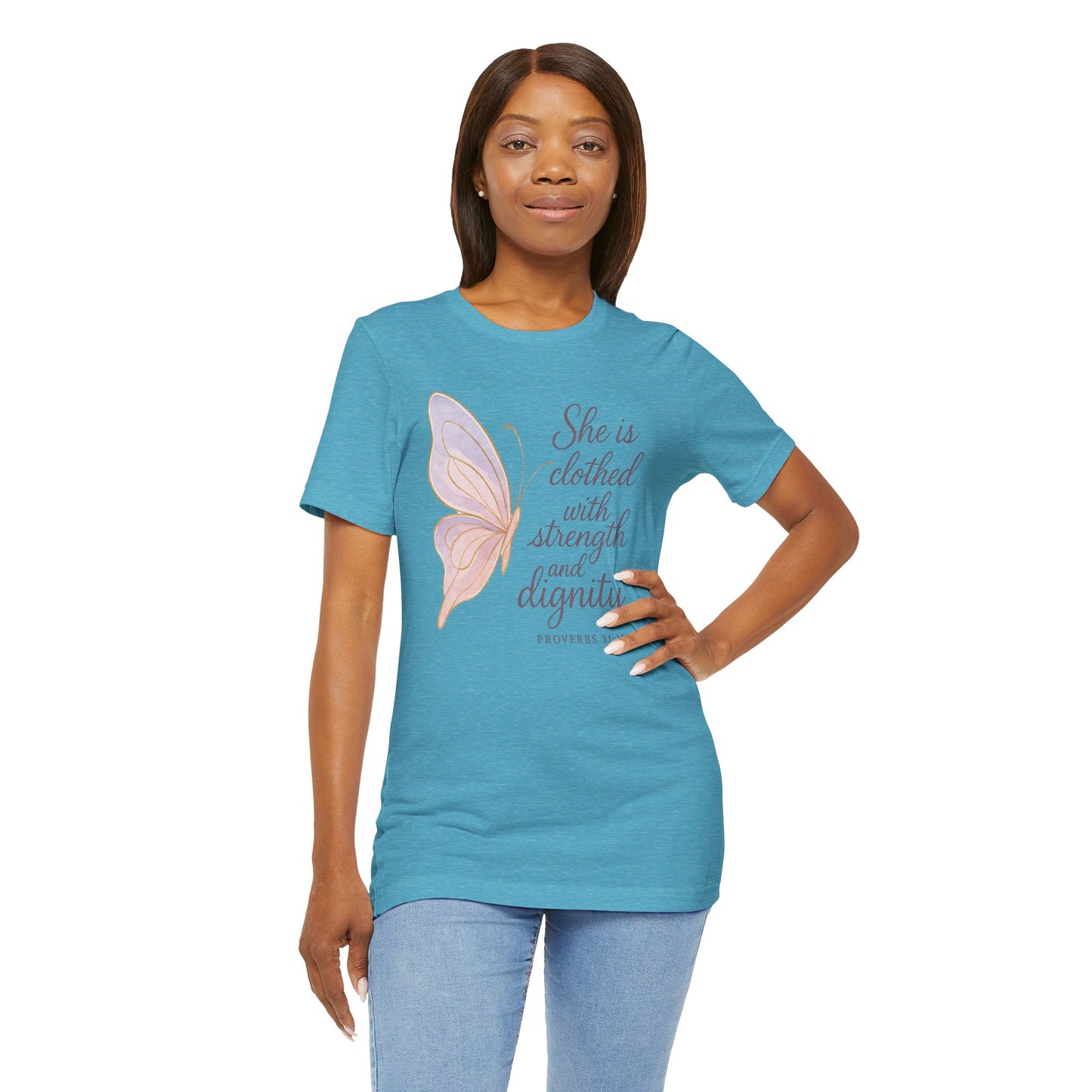 Inspirational "She is clothed with strength and dignity" Butterfly T-Shirt