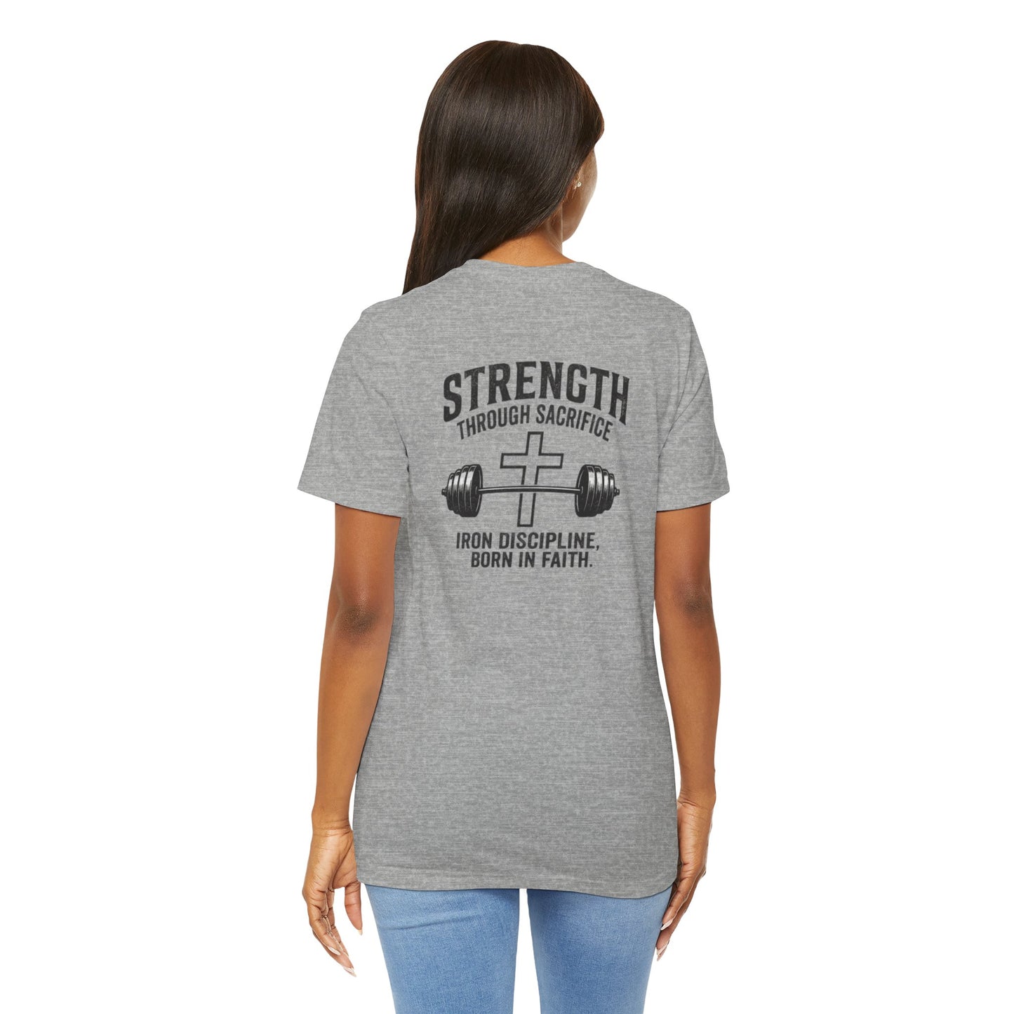 Strength Through Sacrifice Tee — Faith & Fitness Workout T‑Shirt