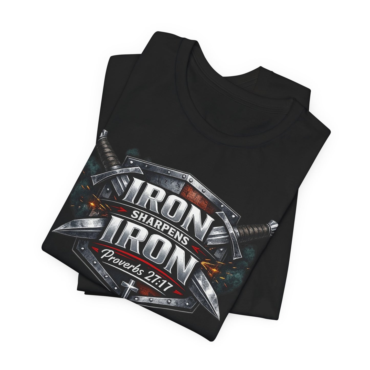 Iron Sharpens Iron T-Shirt — Faith-Based Proverbs 27:17 Graphic Tee
