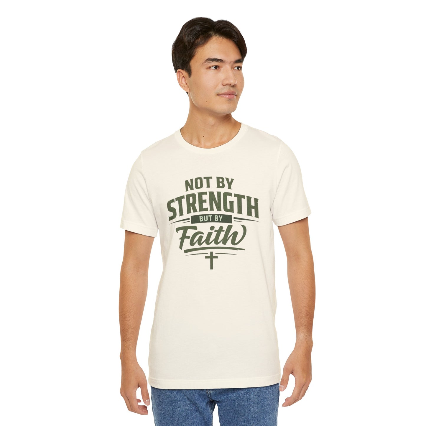 Faith Graphic Tee — "Not By Strength But By Faith" Christian T-Shirt