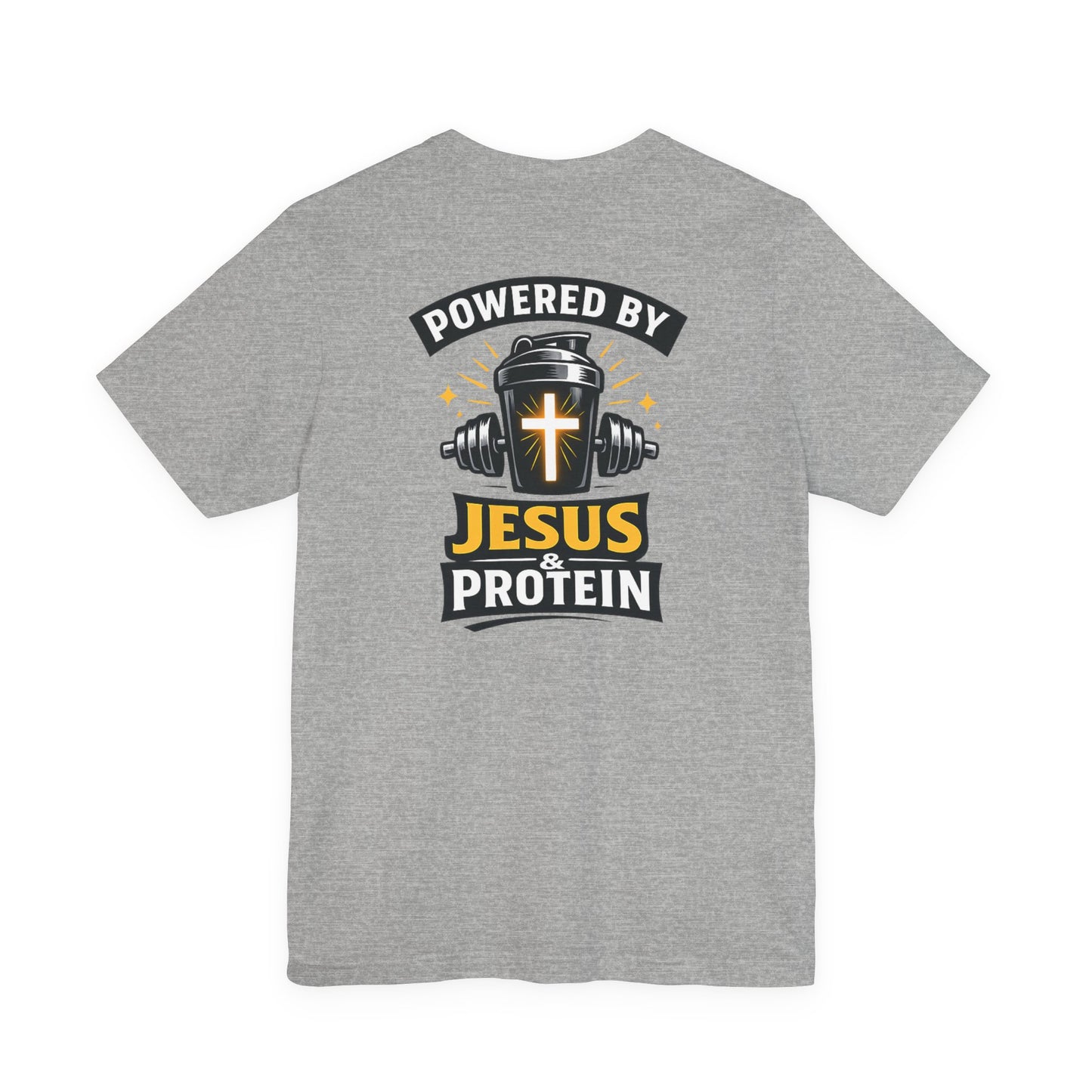 Powered by Jesus & Protein T-Shirt — Christian Gym Fitness Tee