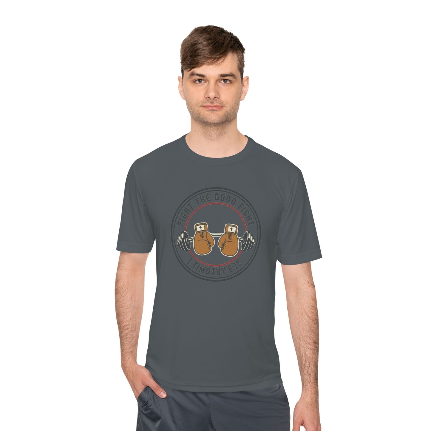 1 Timothy 6:12 'Fight the Good Fight' Moisture-Wicking Workout Tee