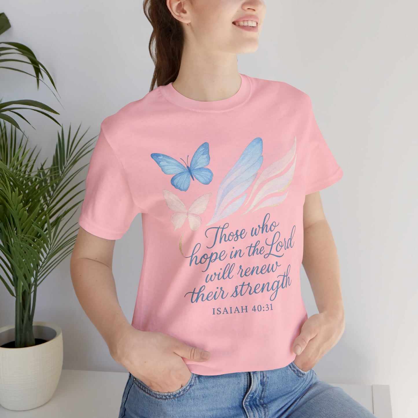 Inspirational Scripture T-Shirt – "Those Who Hope in the Lord" Isaiah 40:31, Pastel Butterflies