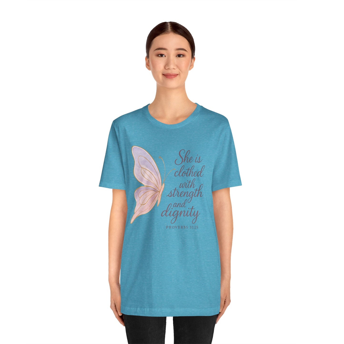 Inspirational "She is clothed with strength and dignity" Butterfly T-Shirt
