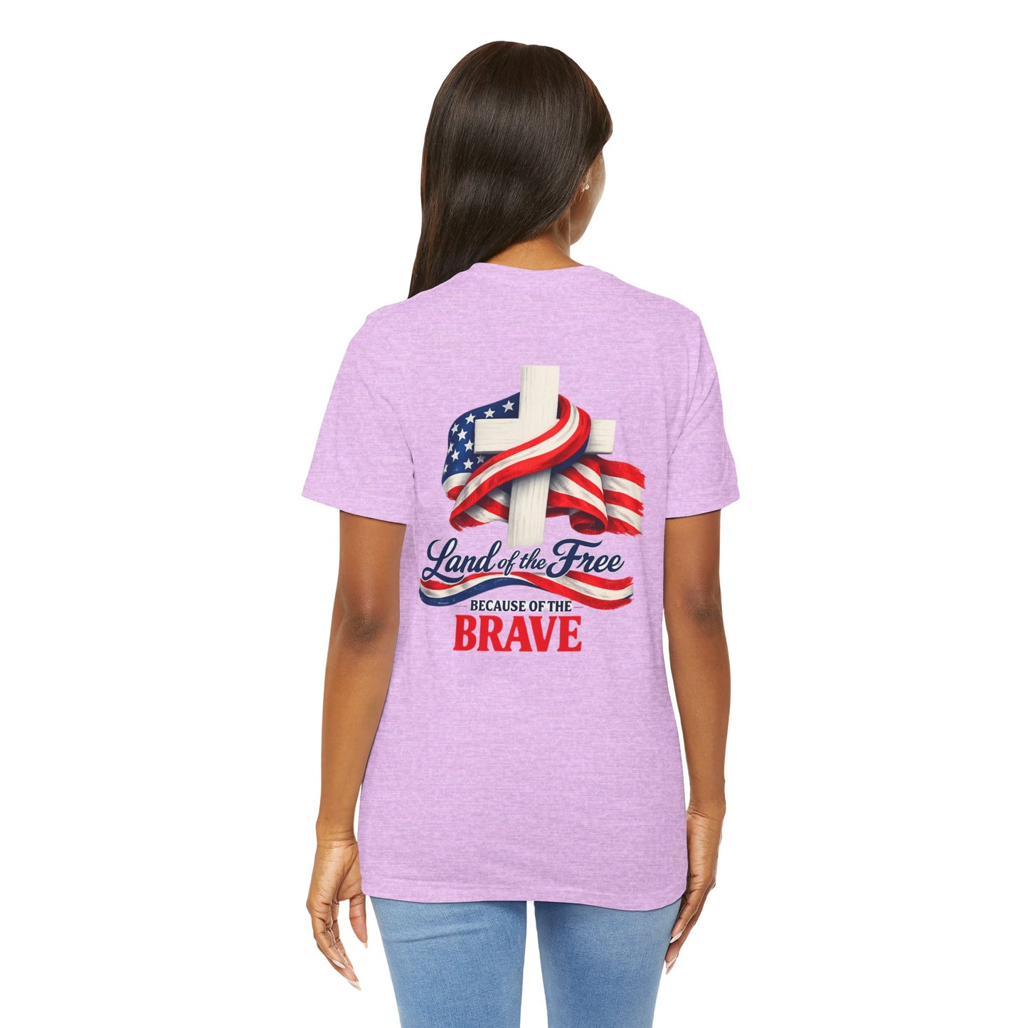 Land of the Free Because of the Brave Tee - Patriotic American Flag Cross T-Shirt