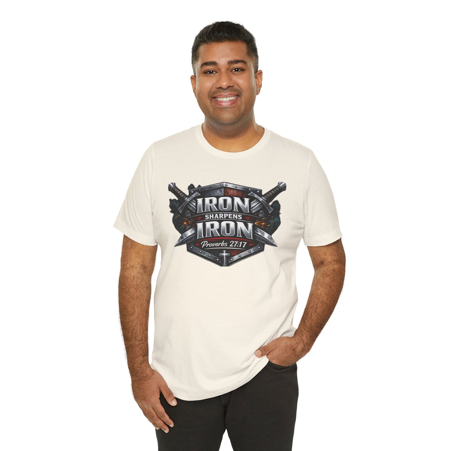 Iron Sharpens Iron T-Shirt — Faith-Based Proverbs 27:17 Graphic Tee