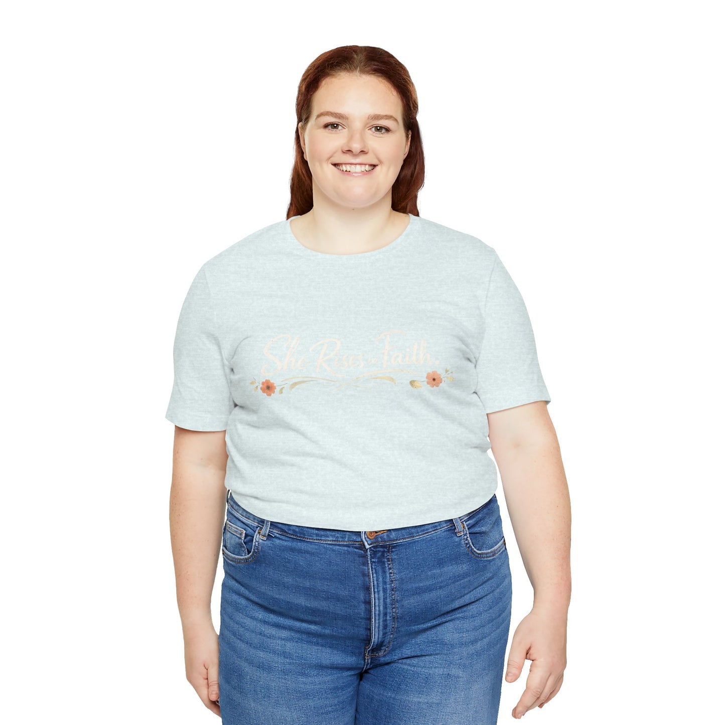 "She Rises In Faith" Chest Tee – Delicate Peach Blossom Graphic