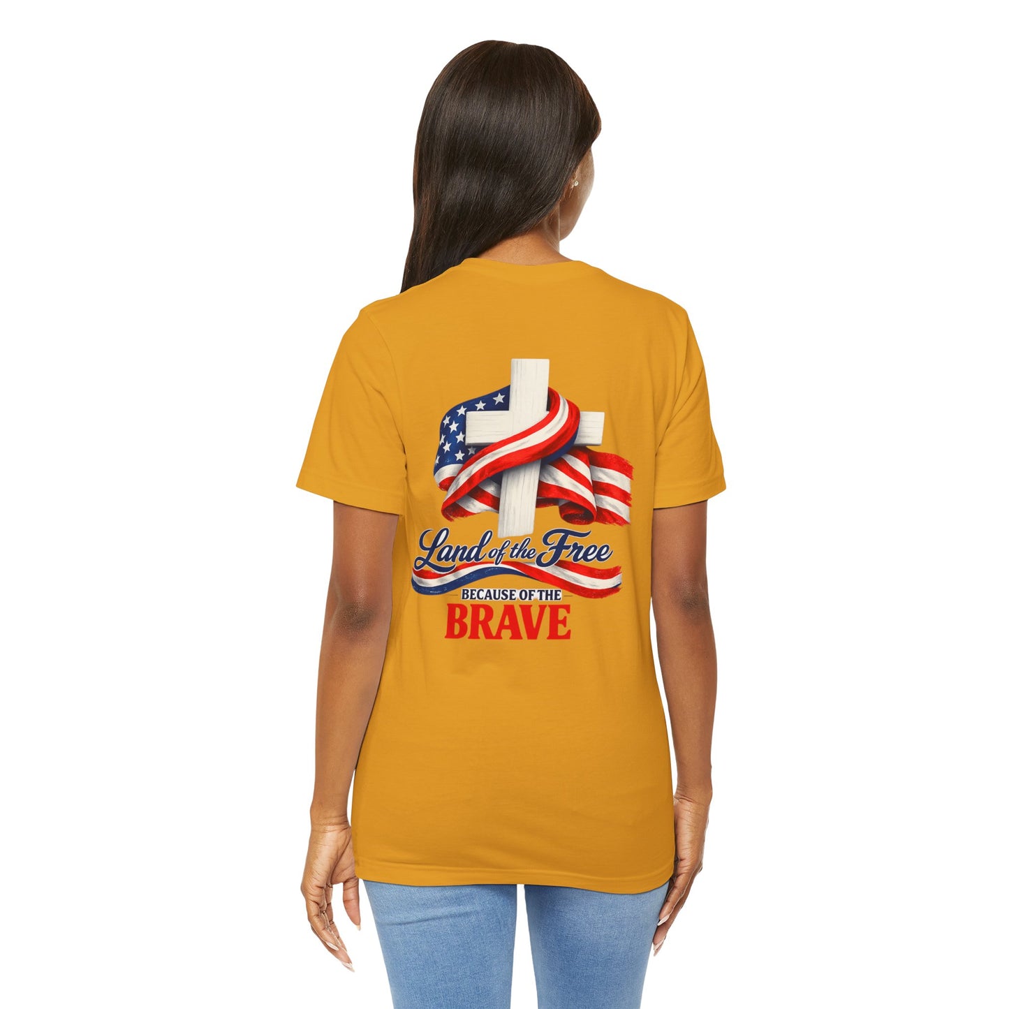Land of the Free Because of the Brave Tee - Patriotic American Flag Cross T-Shirt