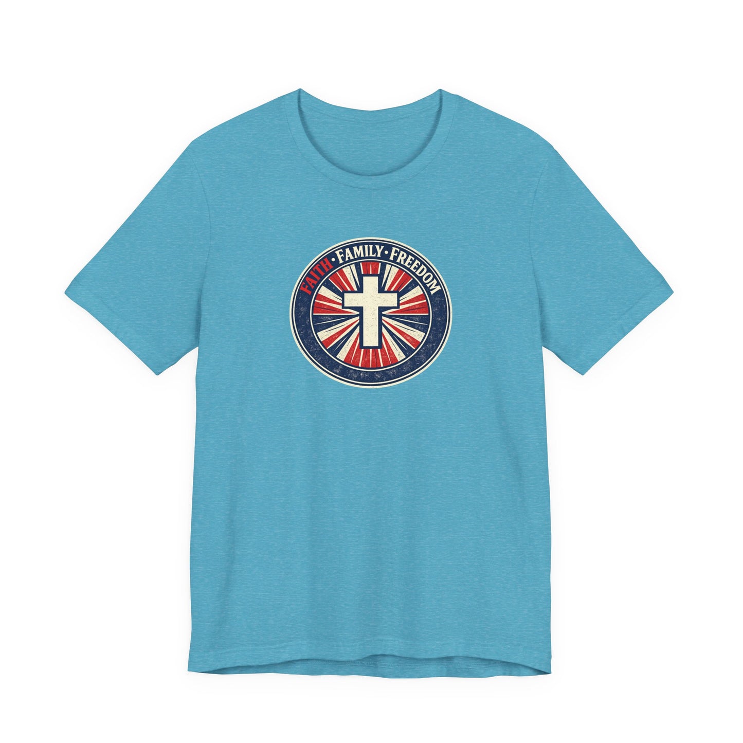 Faith Family Freedom T‑Shirt — Cross Emblem Patriotic Graphic Tee