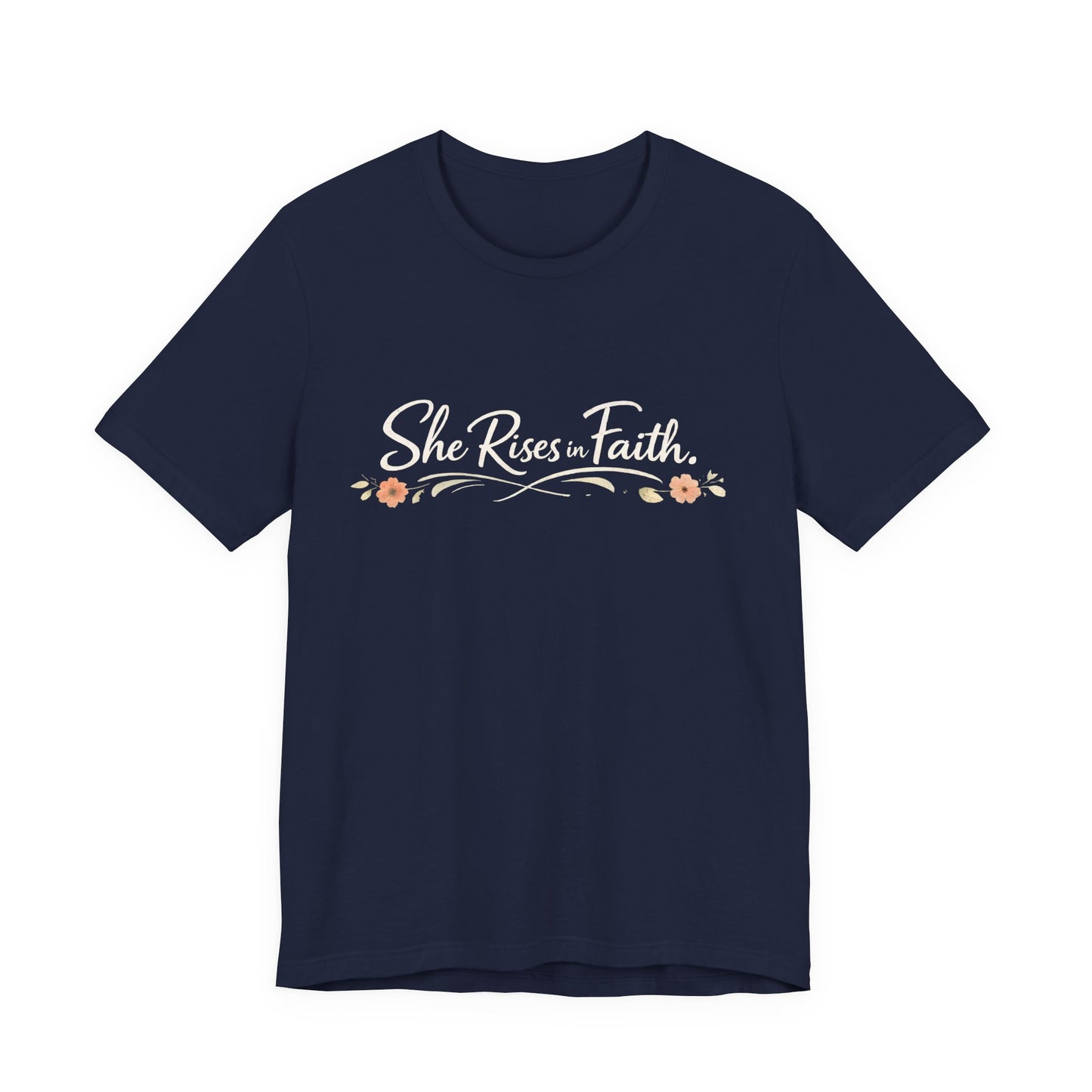"She Rises In Faith" Chest Tee – Delicate Peach Blossom Graphic