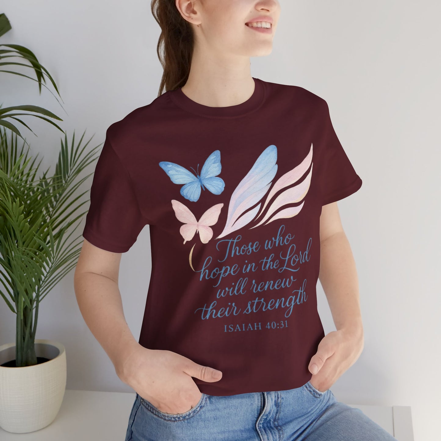 Inspirational Scripture T-Shirt – "Those Who Hope in the Lord" Isaiah 40:31, Pastel Butterflies