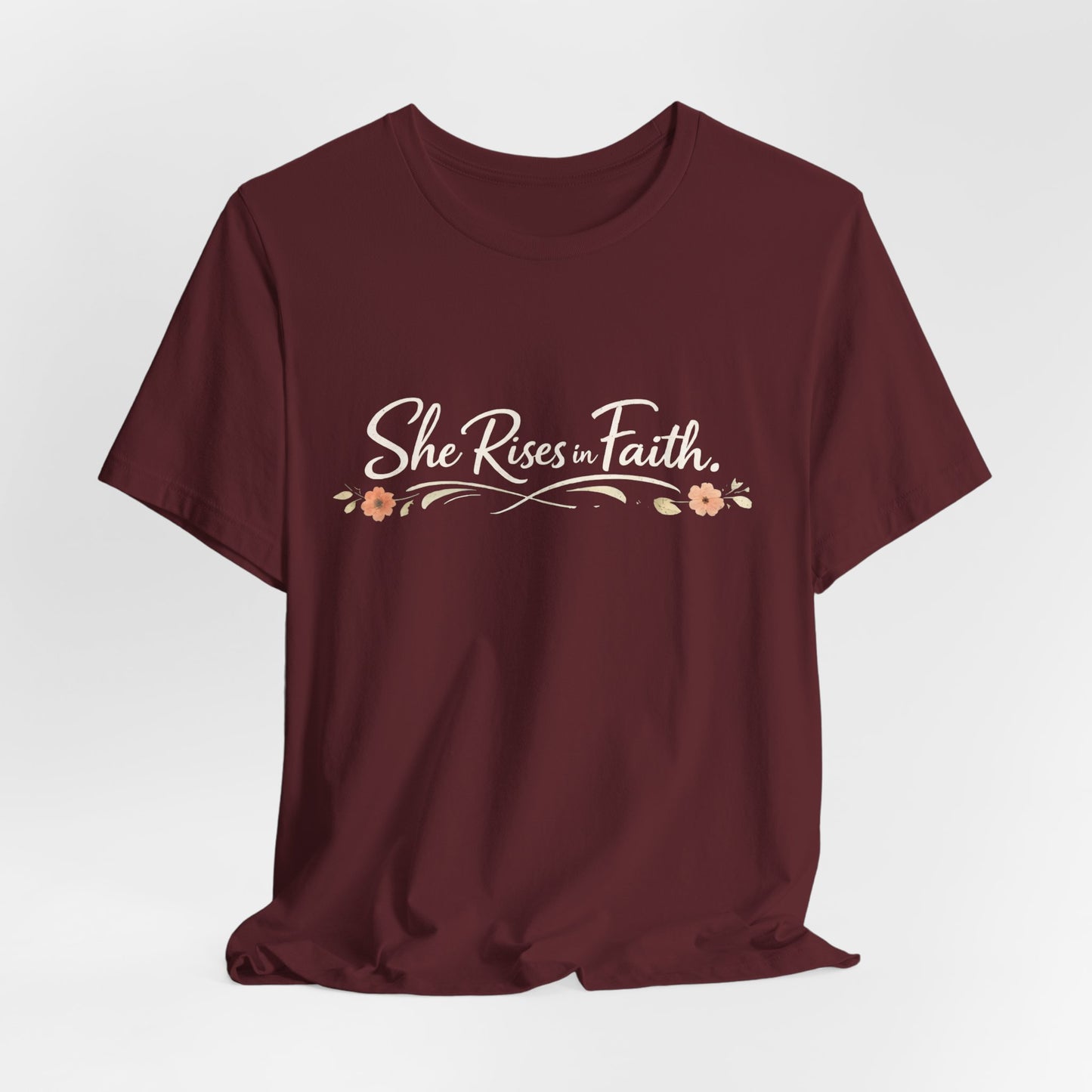 "She Rises In Faith" Chest Tee – Delicate Peach Blossom Graphic