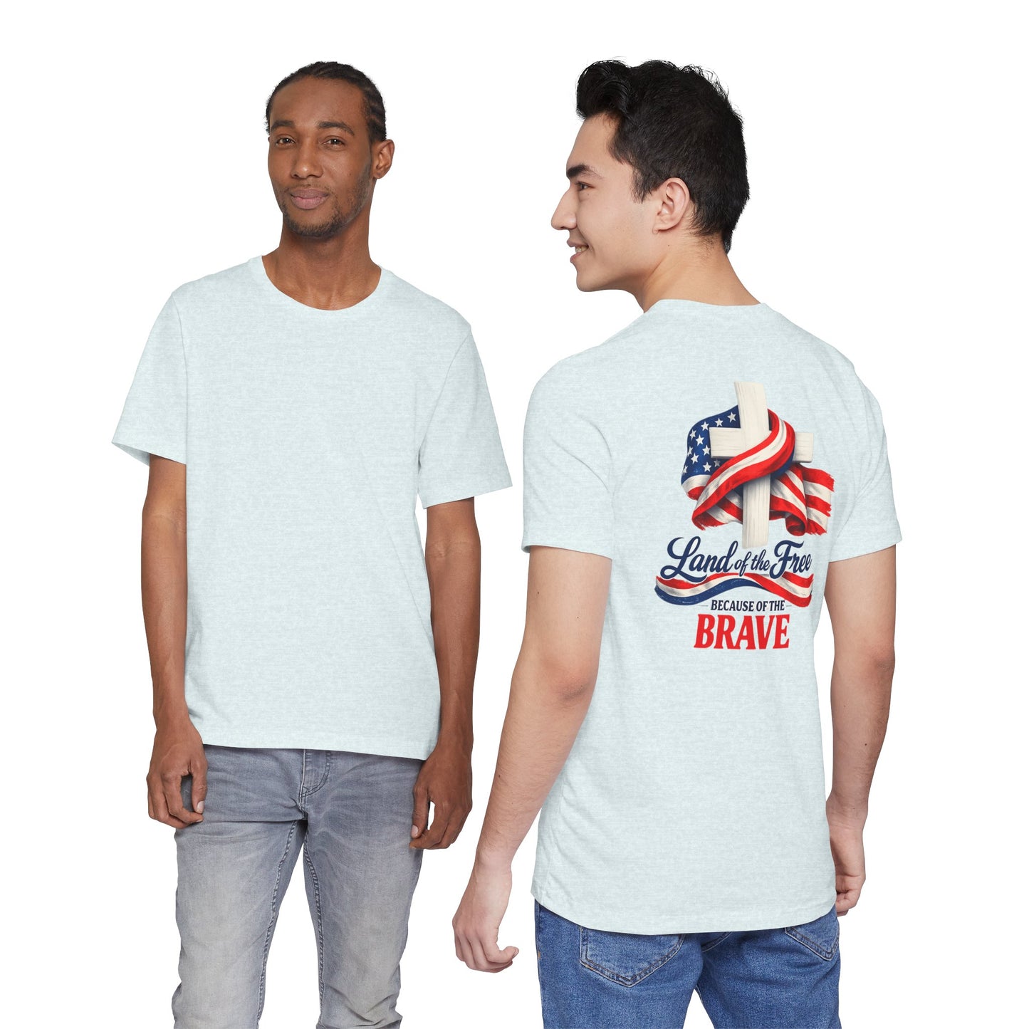 Land of the Free Because of the Brave Tee - Patriotic American Flag Cross T-Shirt