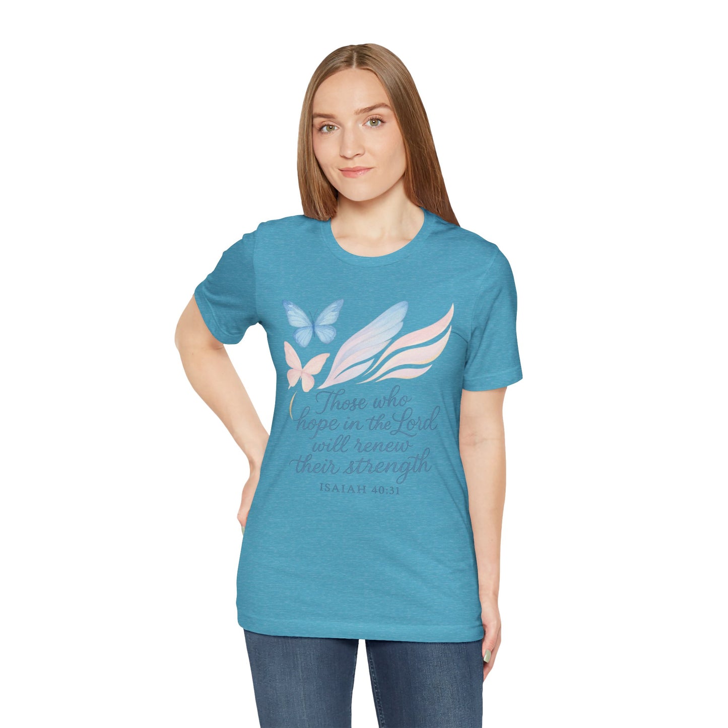 Inspirational Scripture T-Shirt – "Those Who Hope in the Lord" Isaiah 40:31, Pastel Butterflies
