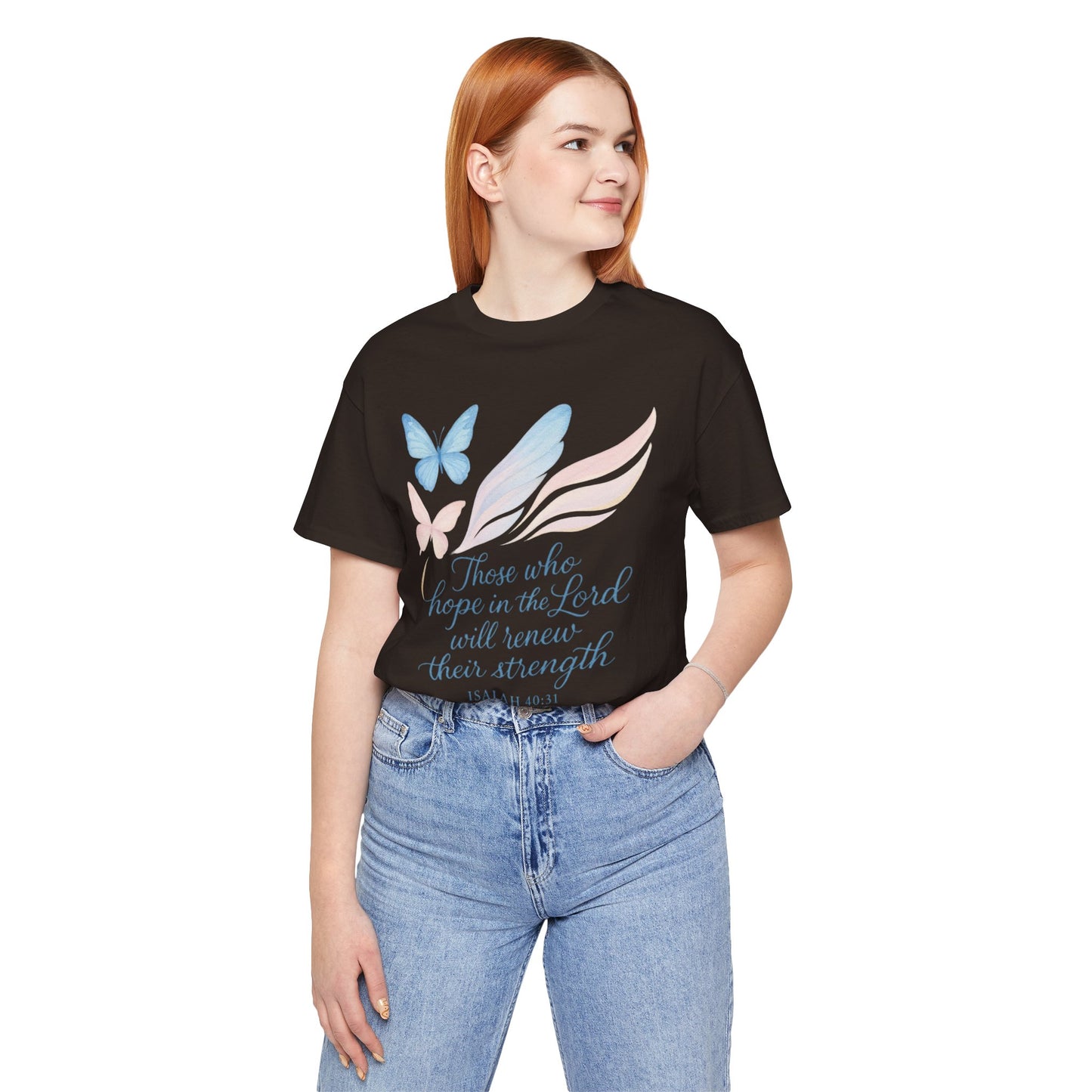 Inspirational Scripture T-Shirt – "Those Who Hope in the Lord" Isaiah 40:31, Pastel Butterflies