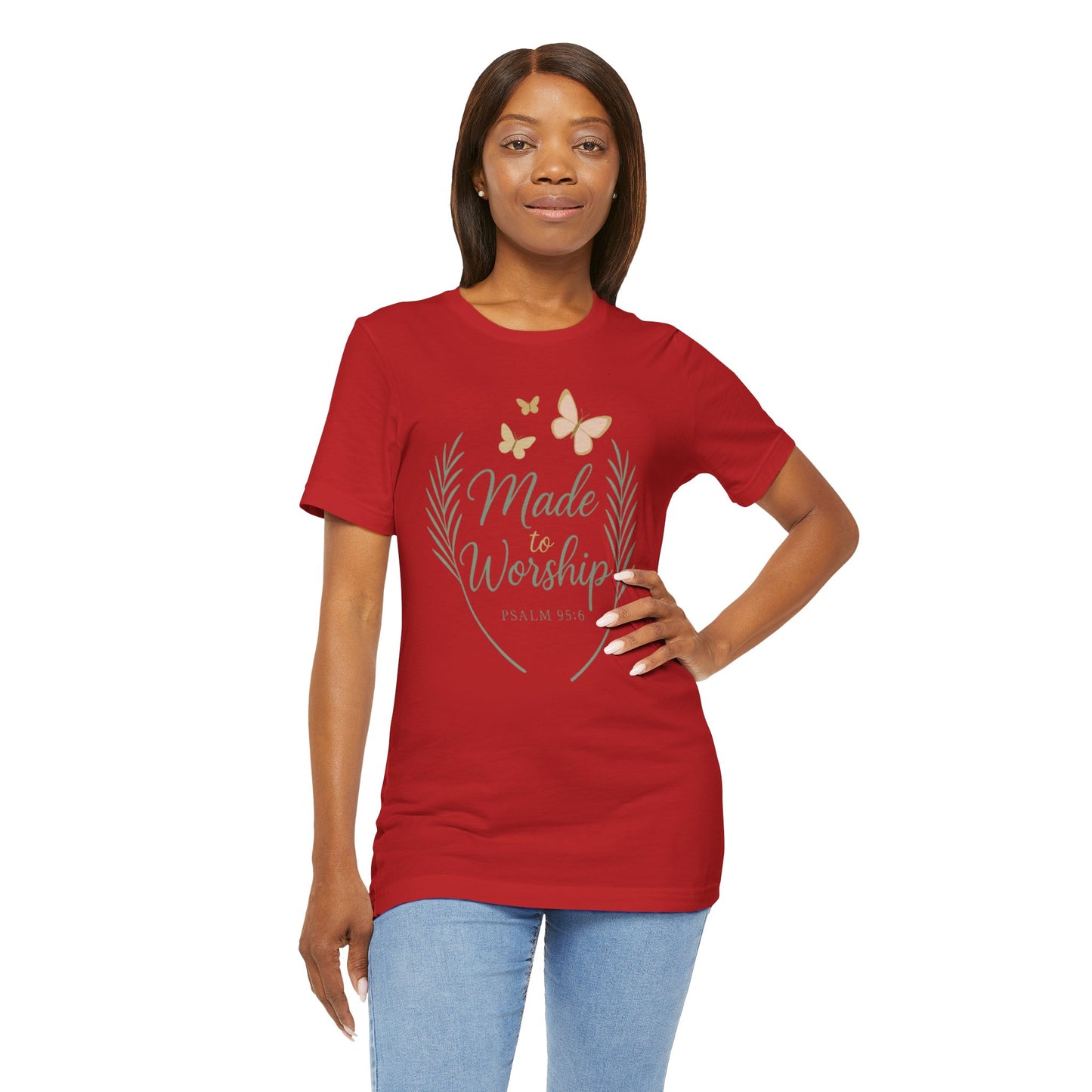 Made to Worship T-Shirt – Psalm 95:6 Christian Faith Tee with Butterflies