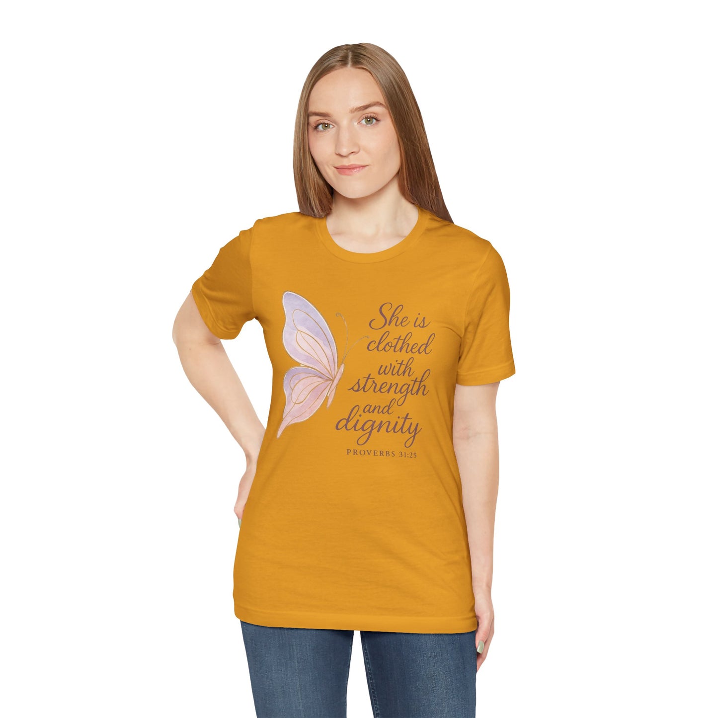 Inspirational "She is clothed with strength and dignity" Butterfly T-Shirt