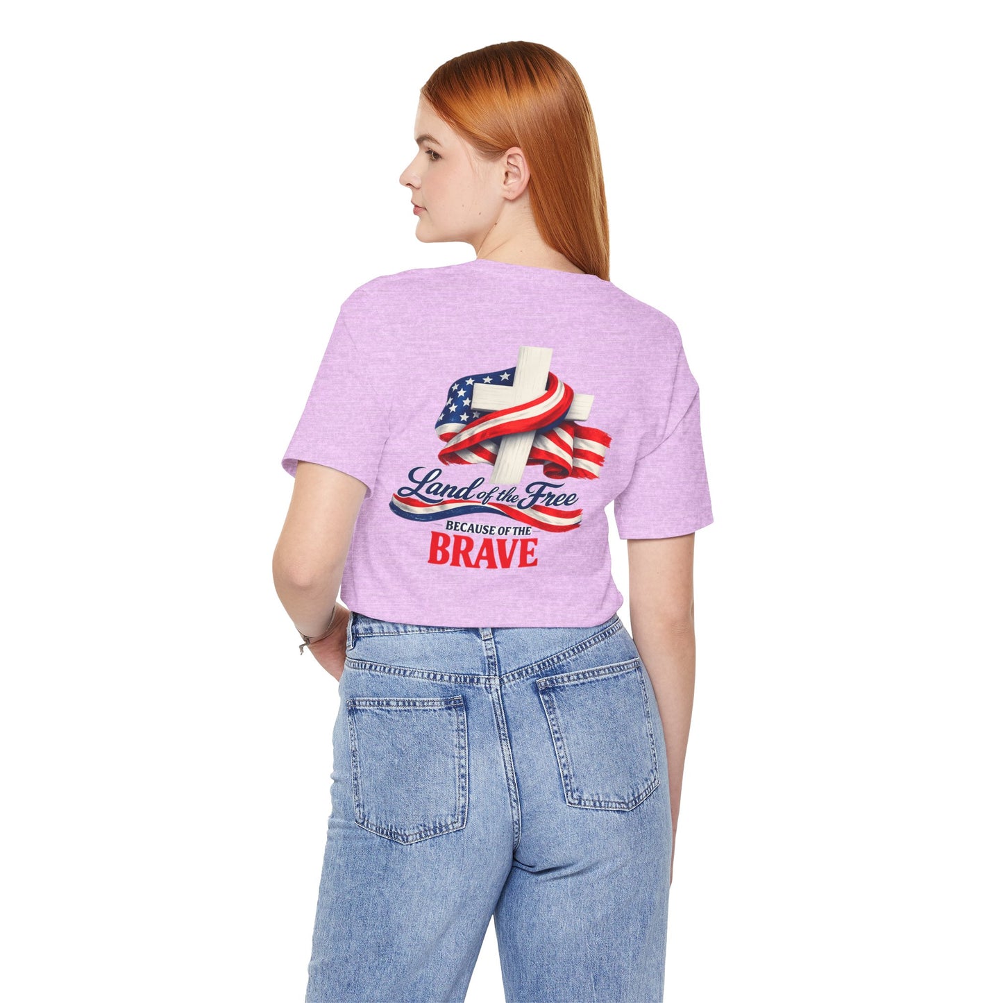Land of the Free Because of the Brave Tee - Patriotic American Flag Cross T-Shirt