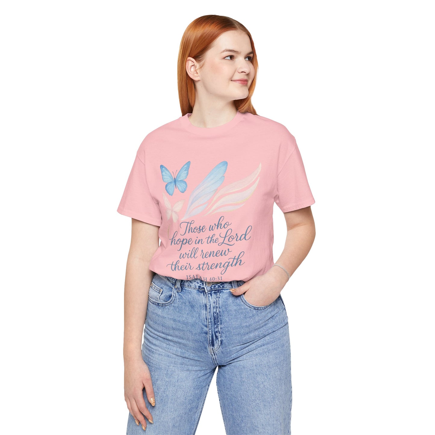 Inspirational Scripture T-Shirt – "Those Who Hope in the Lord" Isaiah 40:31, Pastel Butterflies