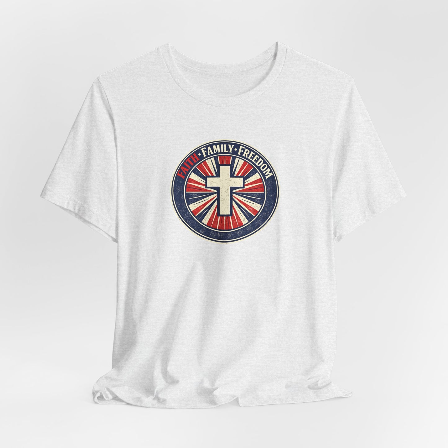 Faith Family Freedom T‑Shirt — Cross Emblem Patriotic Graphic Tee