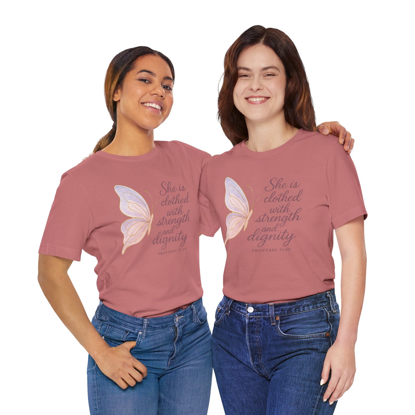 Inspirational "She is clothed with strength and dignity" Butterfly T-Shirt