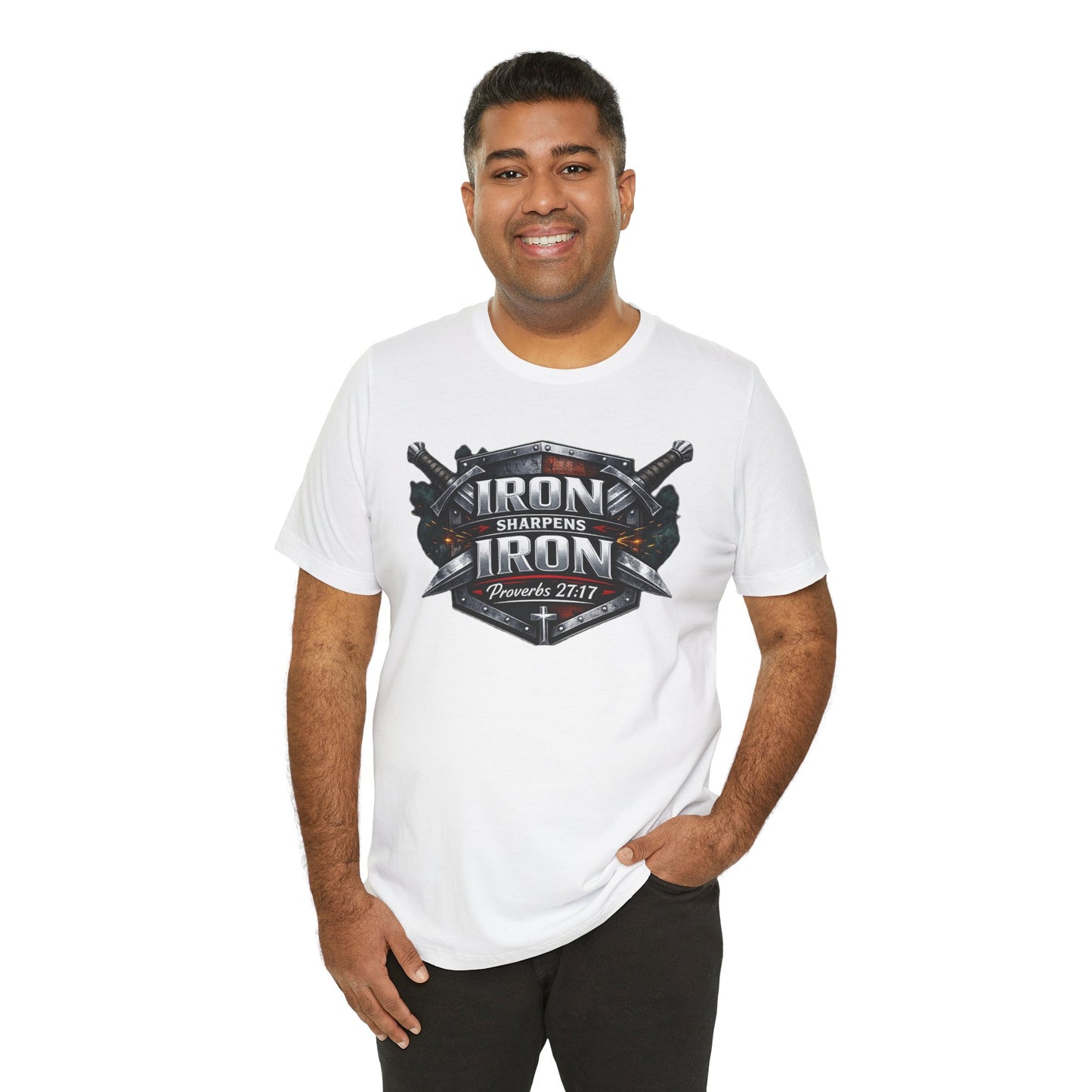 Iron Sharpens Iron T-Shirt — Faith-Based Proverbs 27:17 Graphic Tee