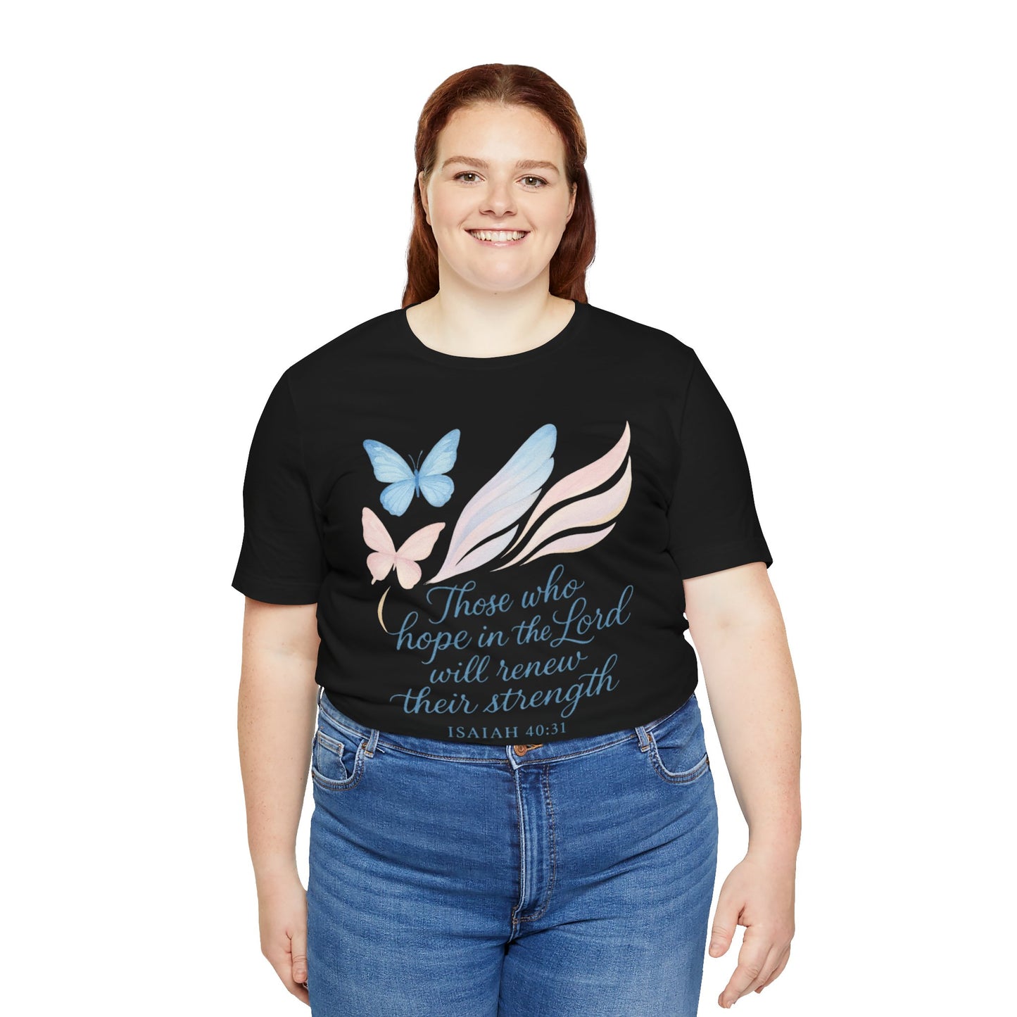 Inspirational Scripture T-Shirt – "Those Who Hope in the Lord" Isaiah 40:31, Pastel Butterflies