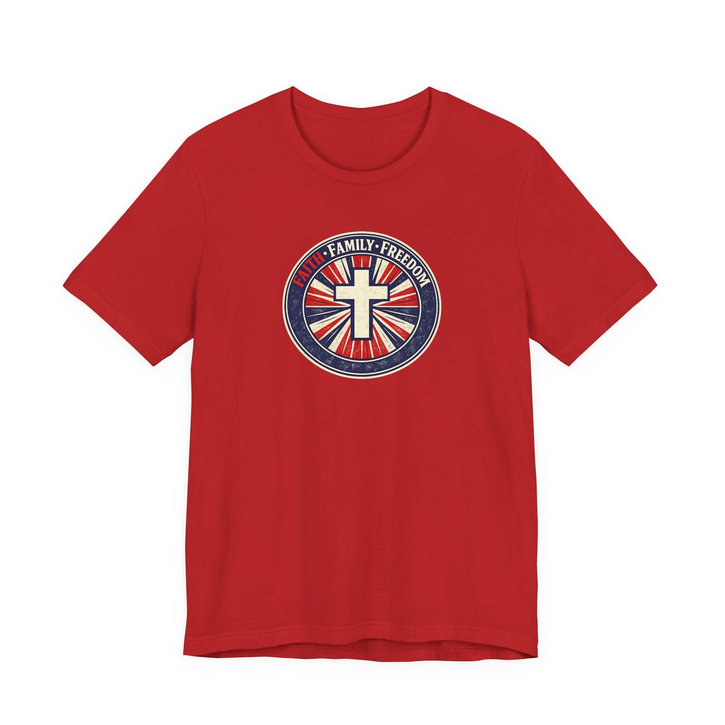 Faith Family Freedom T‑Shirt — Cross Emblem Patriotic Graphic Tee