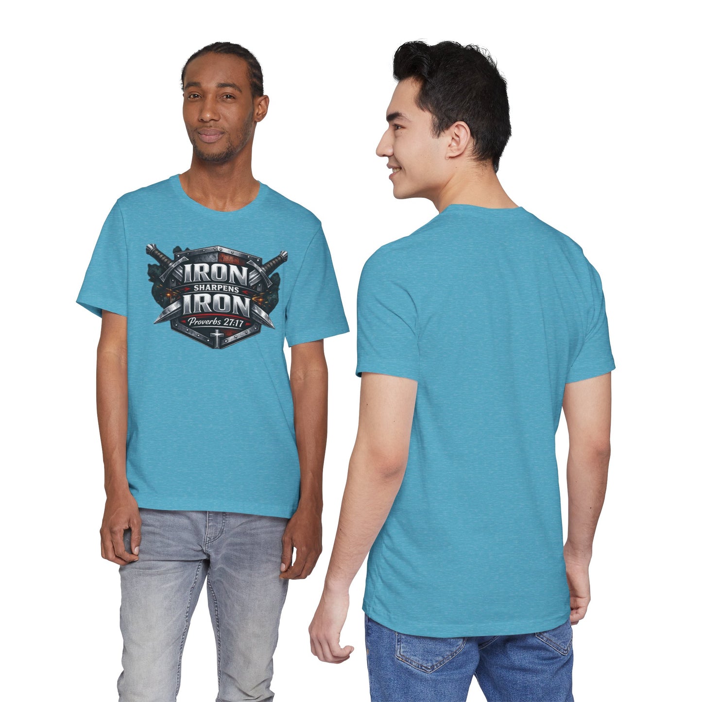 Iron Sharpens Iron T-Shirt — Faith-Based Proverbs 27:17 Graphic Tee
