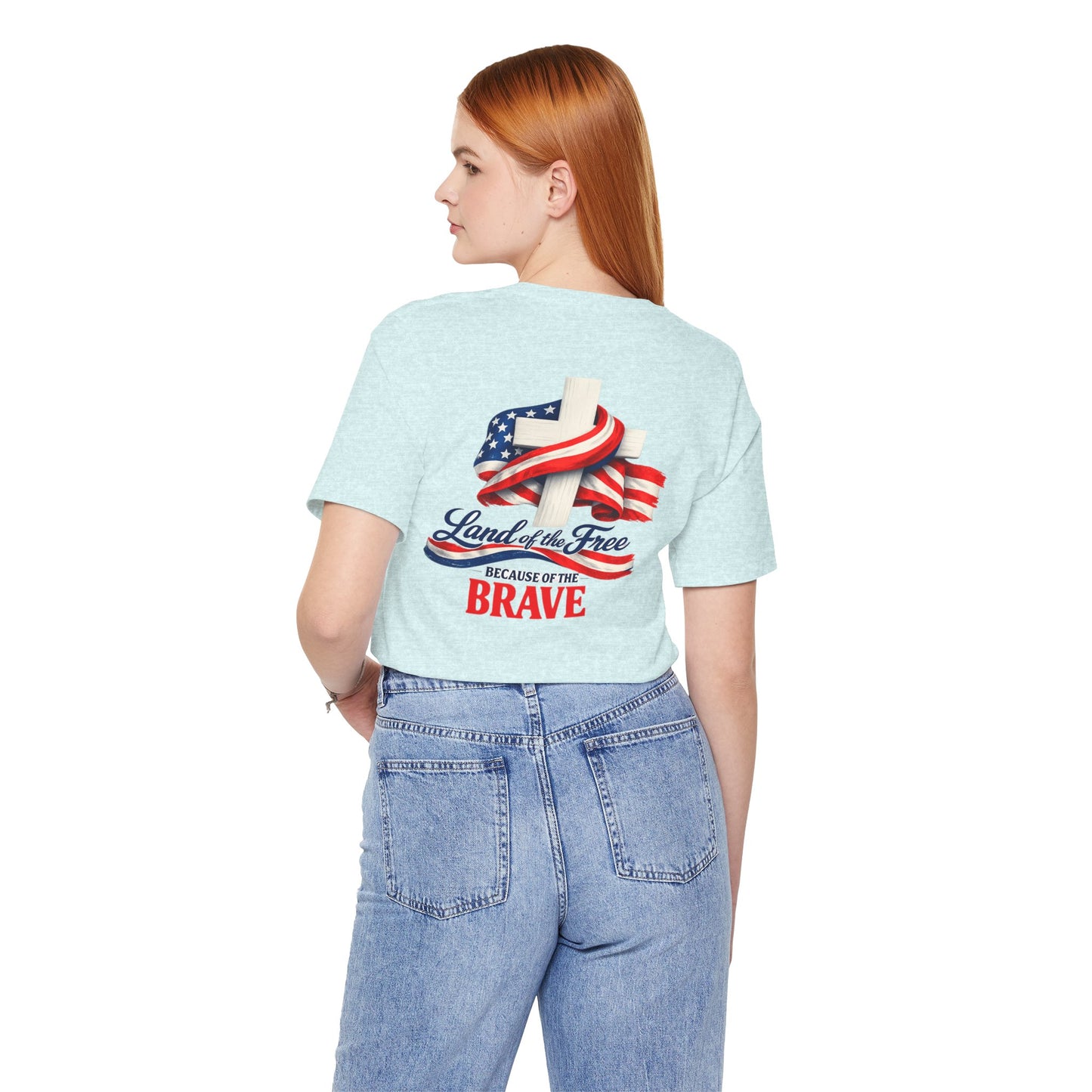 Land of the Free Because of the Brave Tee - Patriotic American Flag Cross T-Shirt
