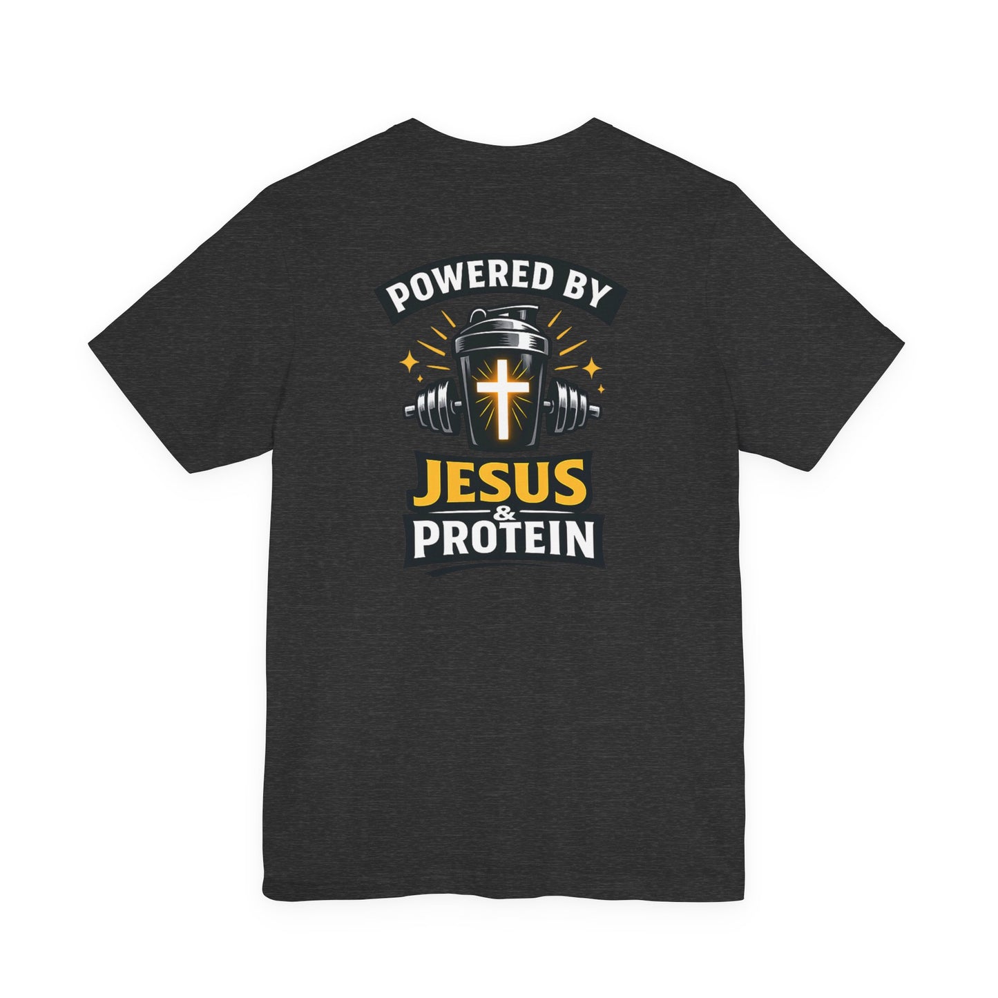 Powered by Jesus & Protein T-Shirt — Christian Gym Fitness Tee