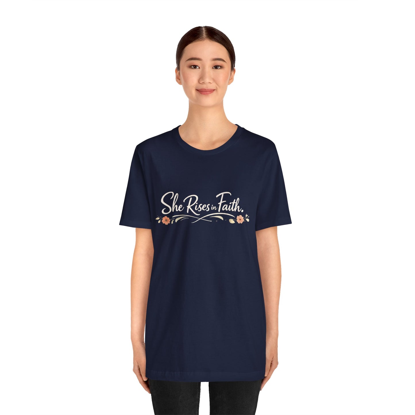 "She Rises In Faith" Chest Tee – Delicate Peach Blossom Graphic