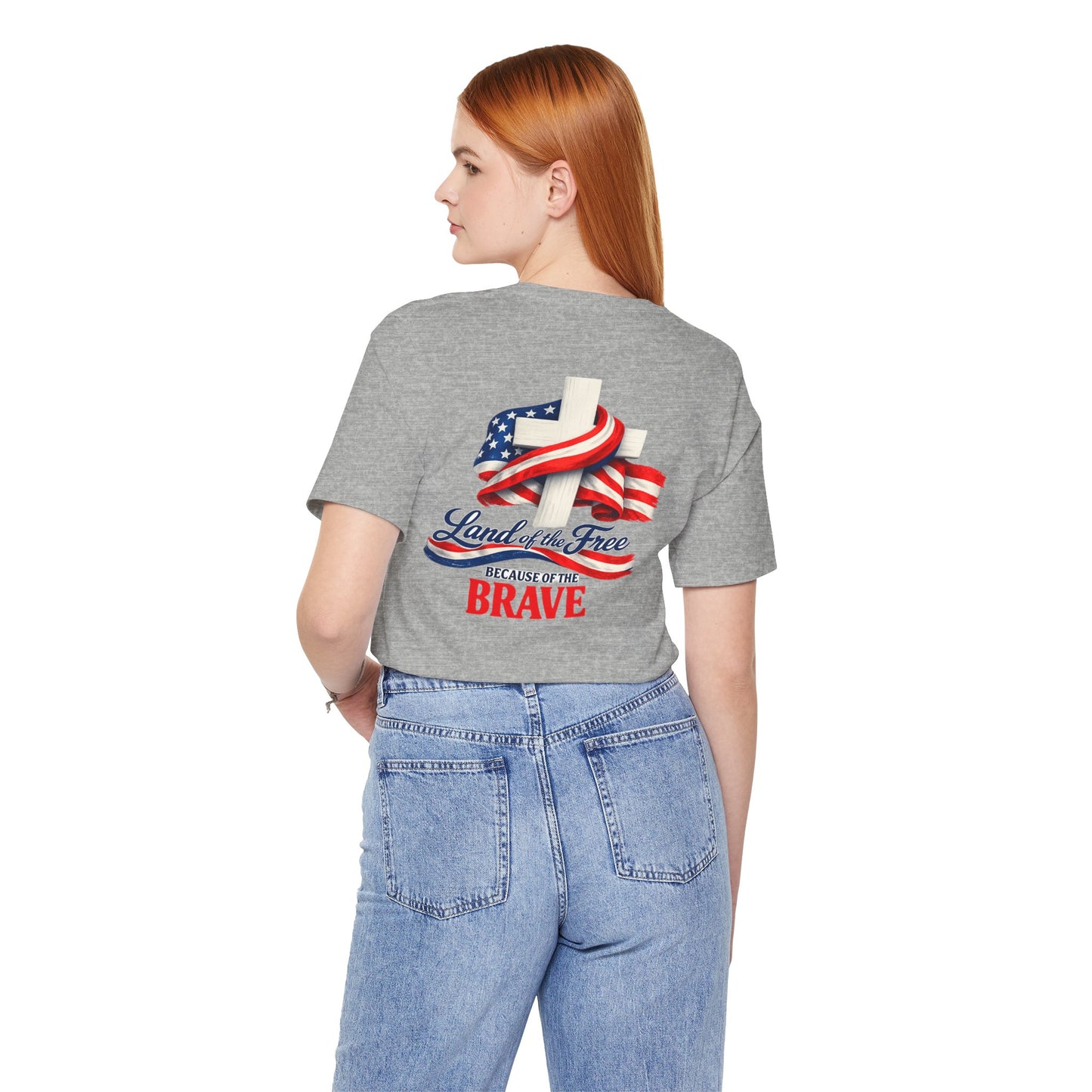Land of the Free Because of the Brave Tee - Patriotic American Flag Cross T-Shirt