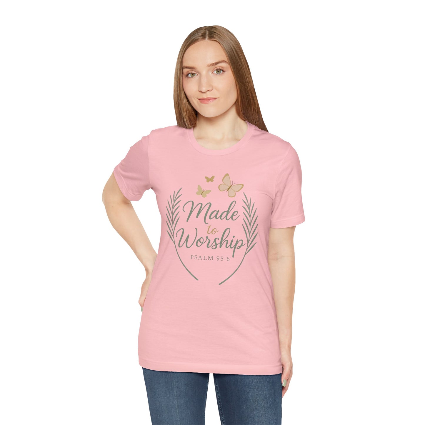 Made to Worship T-Shirt – Psalm 95:6 Christian Faith Tee with Butterflies