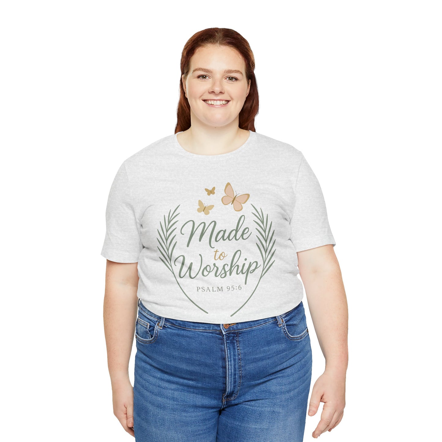 Made to Worship T-Shirt – Psalm 95:6 Christian Faith Tee with Butterflies