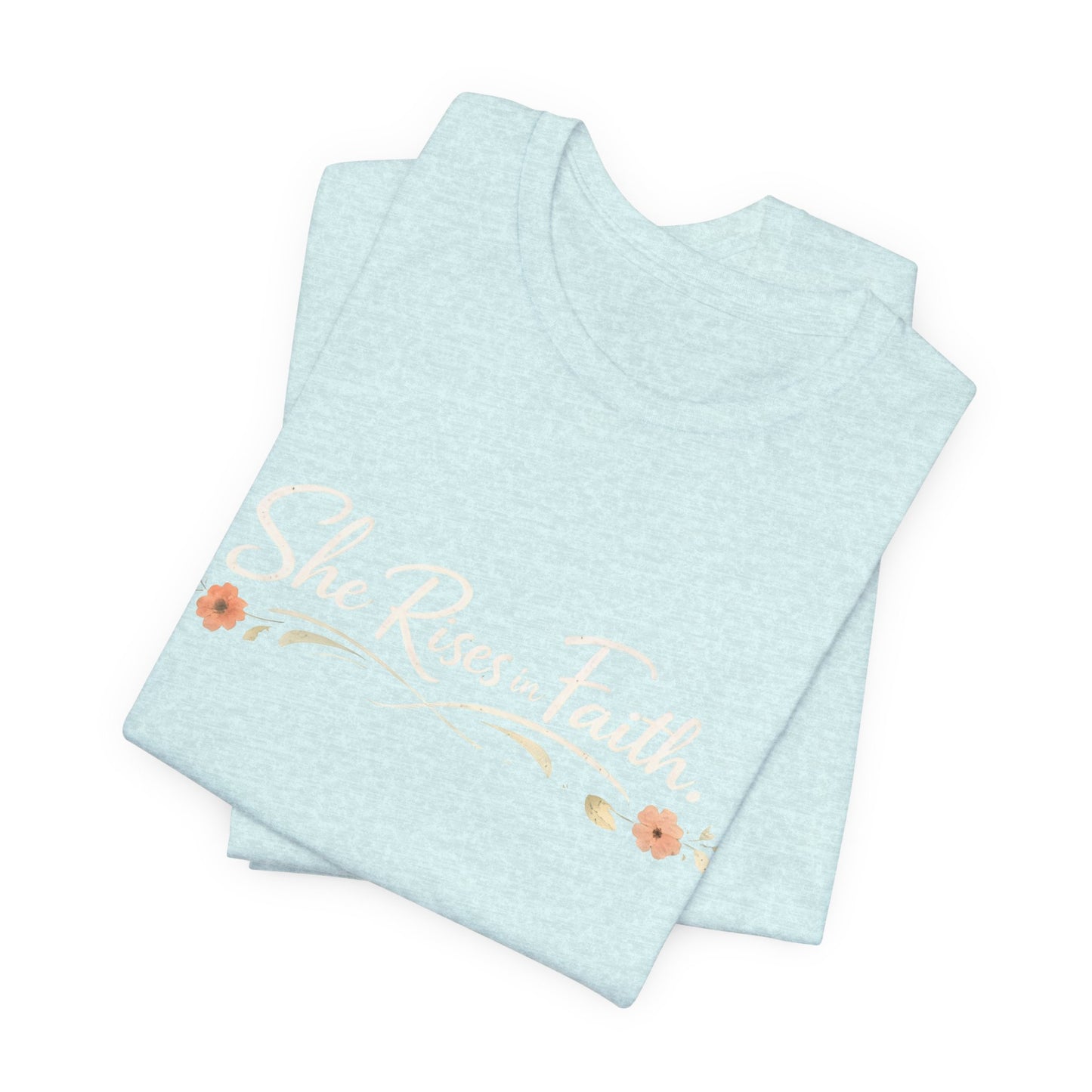 "She Rises In Faith" Chest Tee – Delicate Peach Blossom Graphic