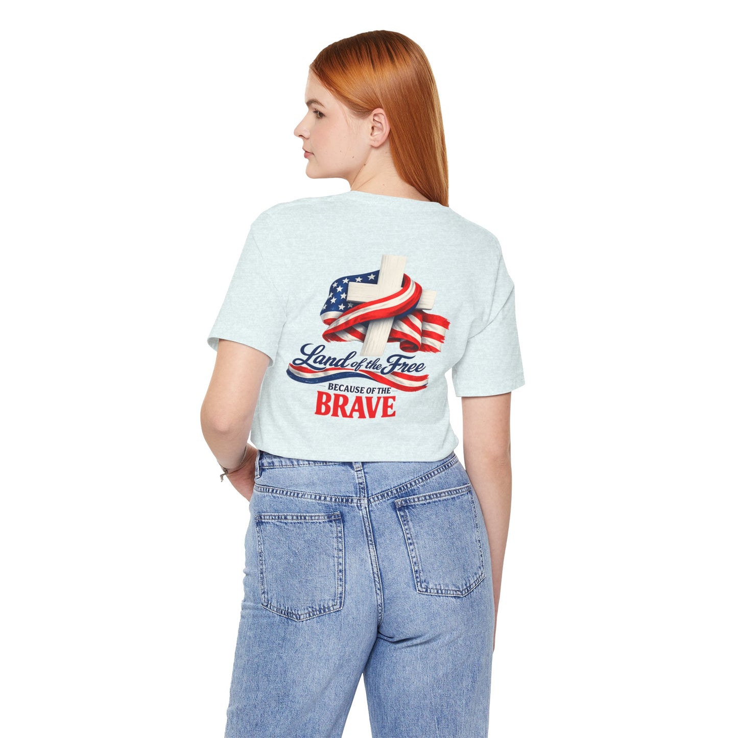 Land of the Free Because of the Brave Tee - Patriotic American Flag Cross T-Shirt