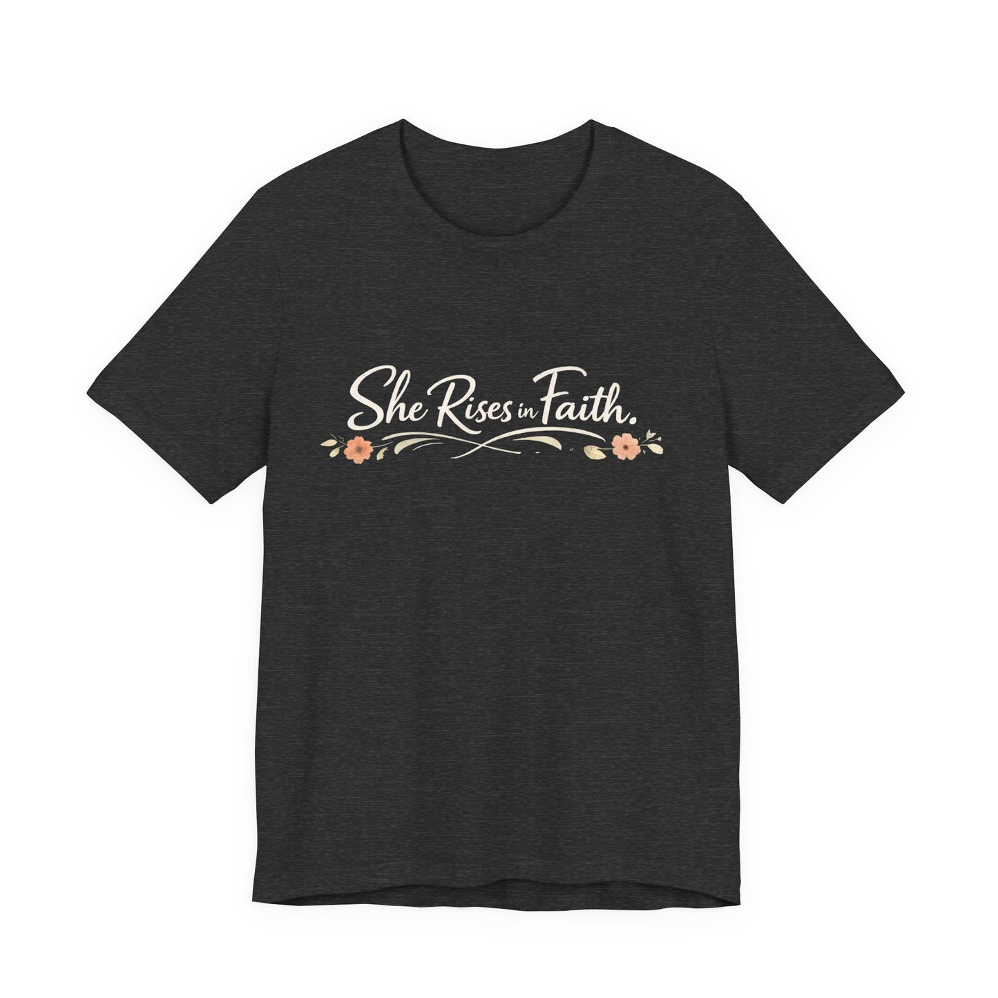 "She Rises In Faith" Chest Tee – Delicate Peach Blossom Graphic