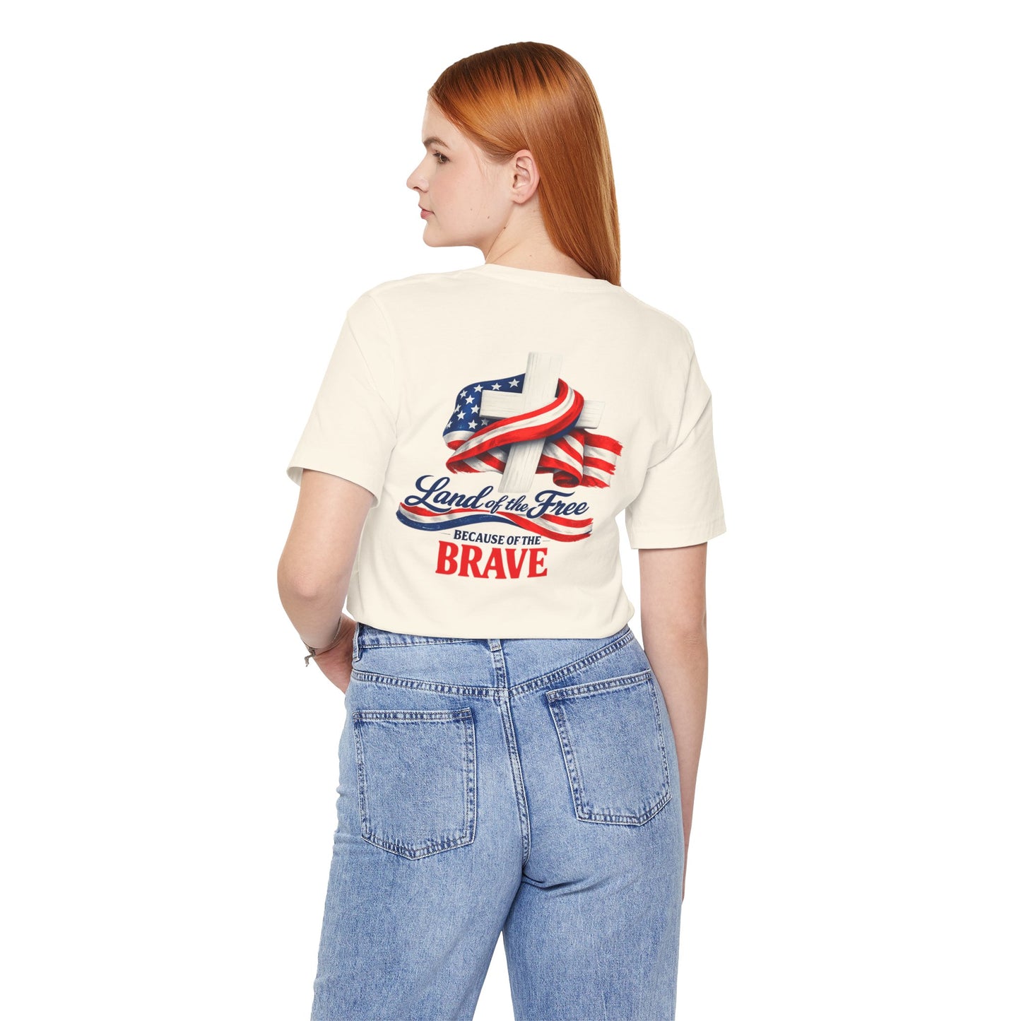 Land of the Free Because of the Brave Tee - Patriotic American Flag Cross T-Shirt