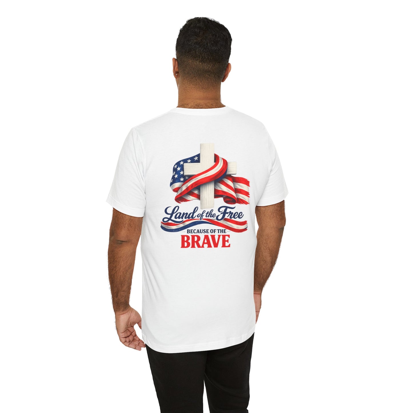 Land of the Free Because of the Brave Tee - Patriotic American Flag Cross T-Shirt
