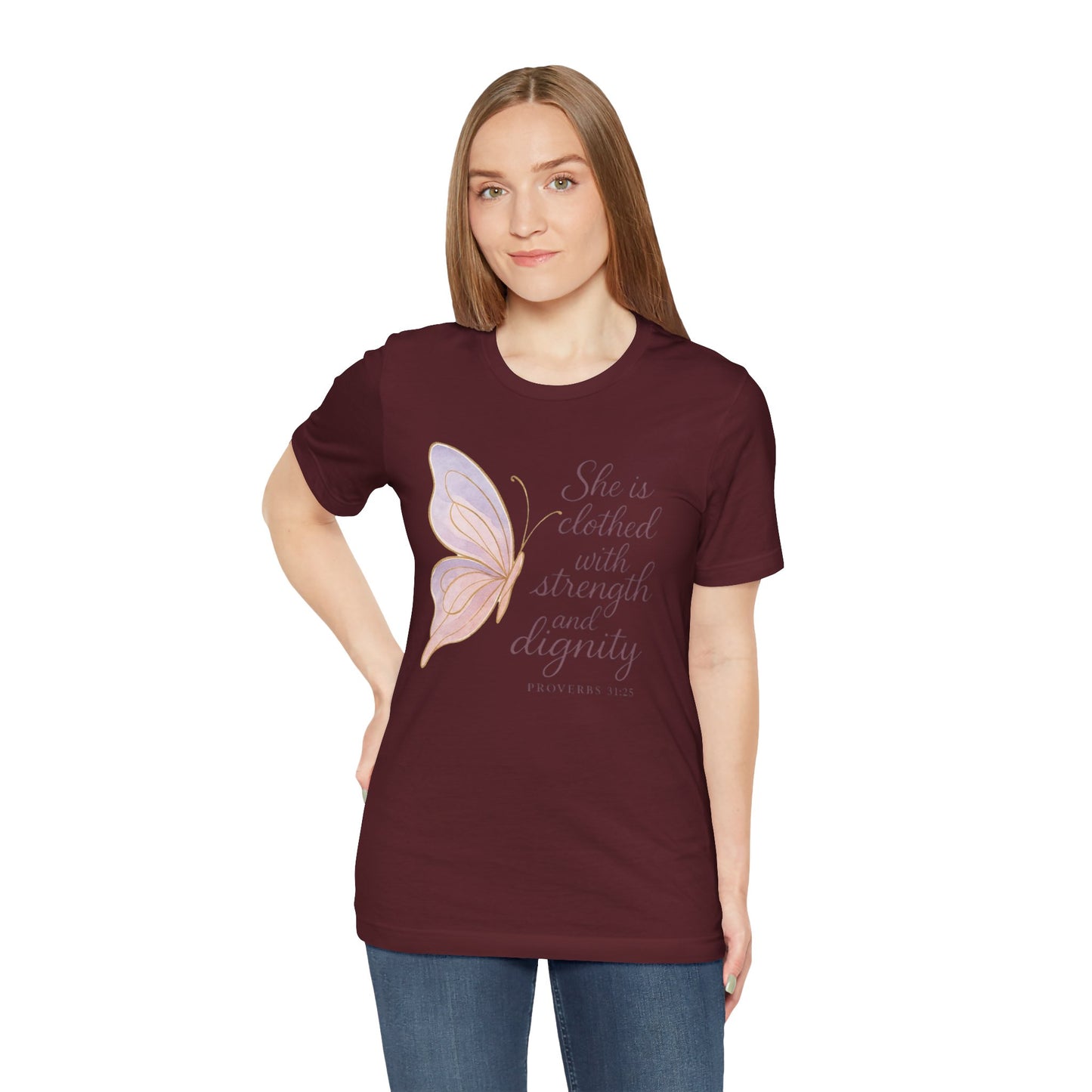 Inspirational "She is clothed with strength and dignity" Butterfly T-Shirt