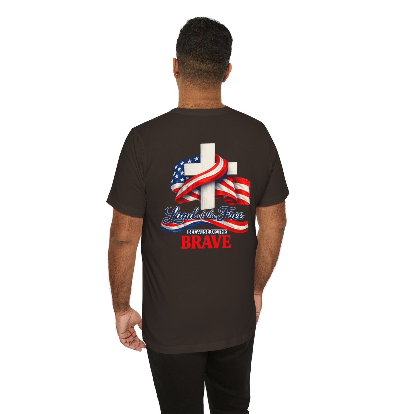 Land of the Free Because of the Brave Tee - Patriotic American Flag Cross T-Shirt
