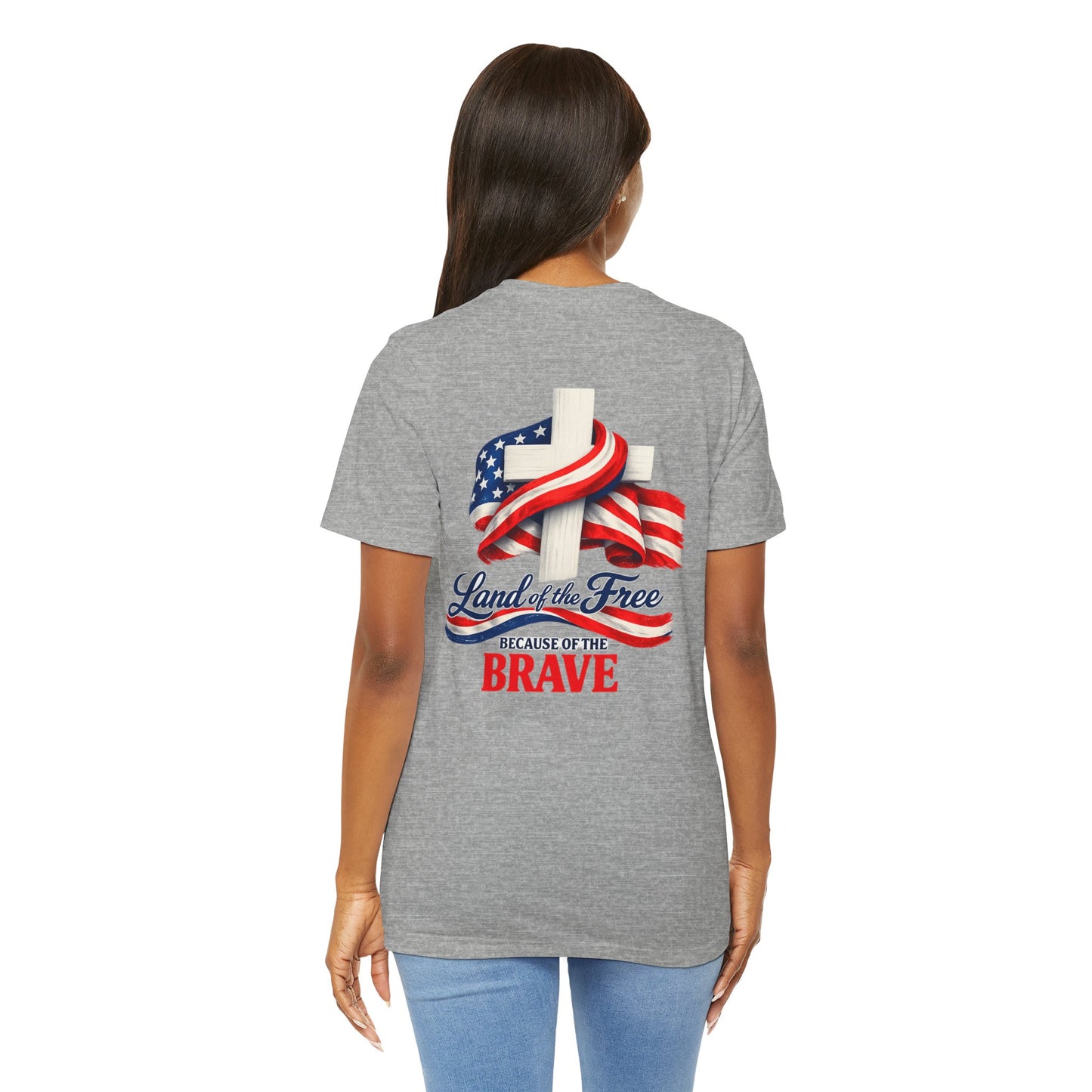 Land of the Free Because of the Brave Tee - Patriotic American Flag Cross T-Shirt
