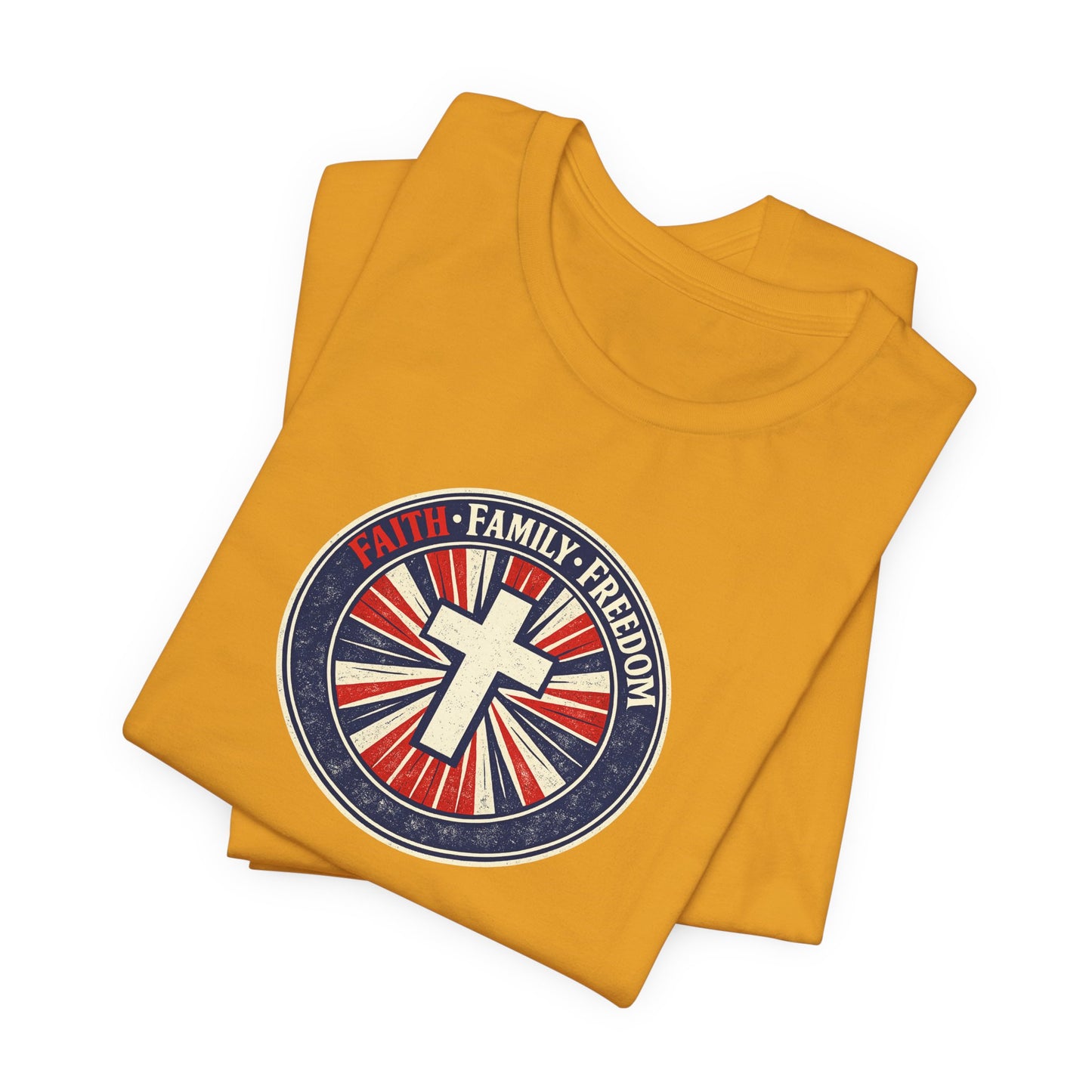 Faith Family Freedom T‑Shirt — Cross Emblem Patriotic Graphic Tee