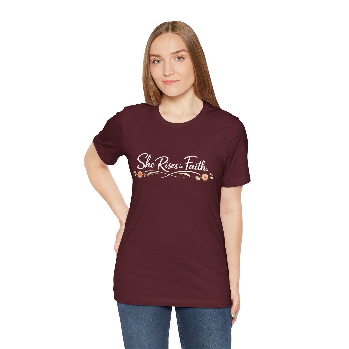 "She Rises In Faith" Chest Tee – Delicate Peach Blossom Graphic