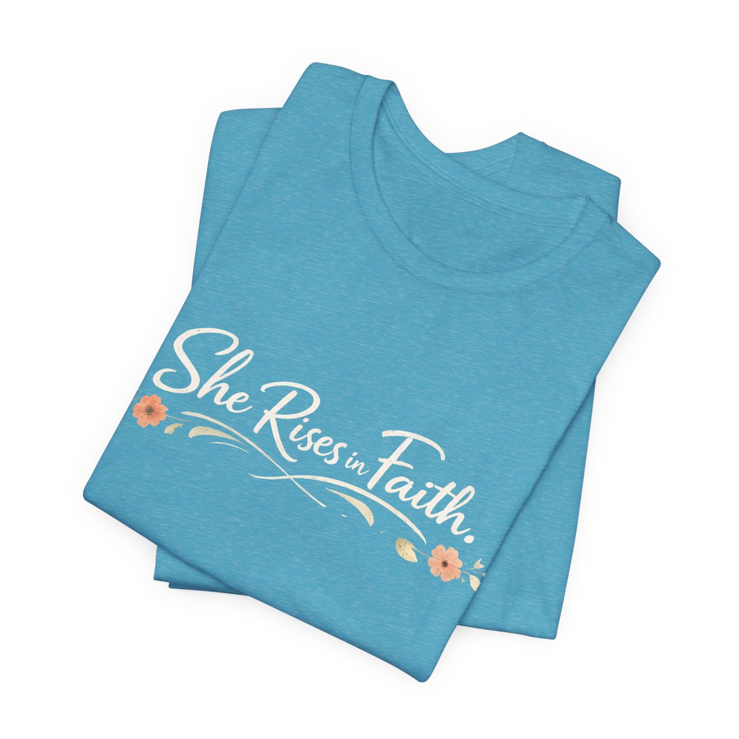 "She Rises In Faith" Chest Tee – Delicate Peach Blossom Graphic