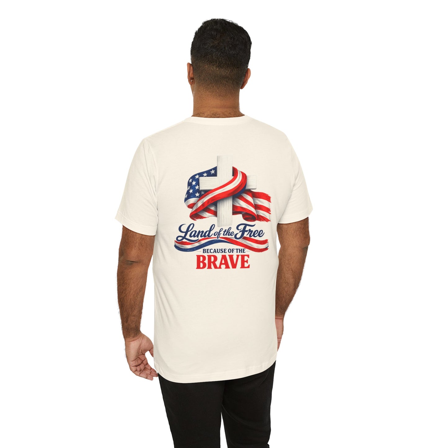 Land of the Free Because of the Brave Tee - Patriotic American Flag Cross T-Shirt